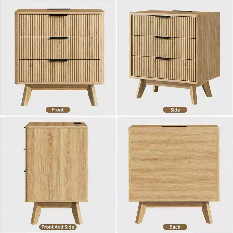 Lot de 2 tables de chevet cannelées de 61 cm, table de chevet large en bois naturel avec station de recharge, 3 grands tiroirs de rangement et poignée en métal pour chambre et salon