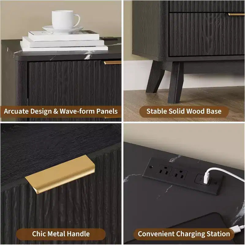 Lot de 2 tables de chevet cannelées de 61 cm, table de chevet large en bois naturel avec station de recharge, 3 grands tiroirs de rangement et poignée en métal pour chambre et salon