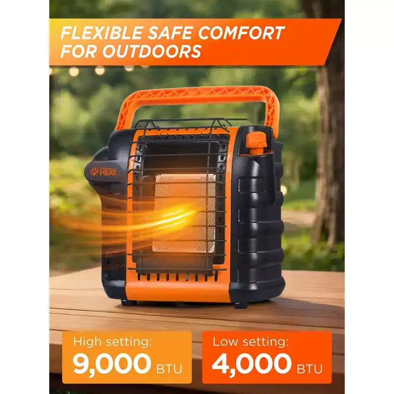 Chauffage au propane portatif Commercial Heat de 9 000 BTU pour usage extérieur, pour une surface allant jusqu'à 300 pi², 2 réglages de chaleur, se branche sur une bouteille de propane de 1 lb, orange