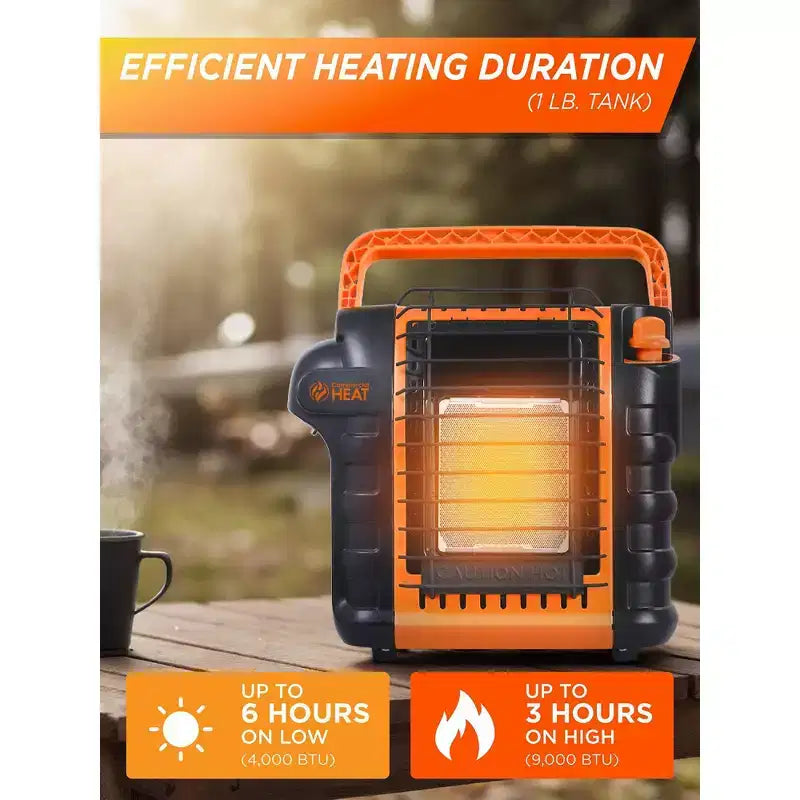 Chauffage au propane portatif Commercial Heat de 9 000 BTU pour usage extérieur, pour une surface allant jusqu'à 300 pi², 2 réglages de chaleur, se branche sur une bouteille de propane de 1 lb, orange