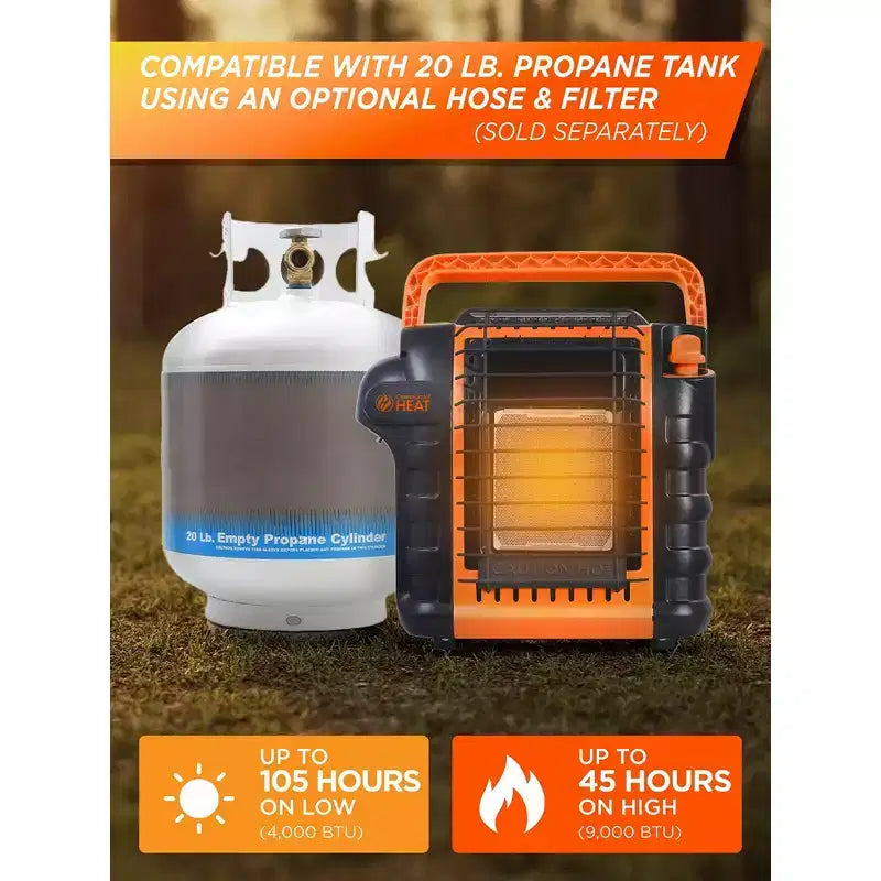 Chauffage au propane portatif Commercial Heat de 9 000 BTU pour usage extérieur, pour une surface allant jusqu'à 300 pi², 2 réglages de chaleur, se branche sur une bouteille de propane de 1 lb, orange