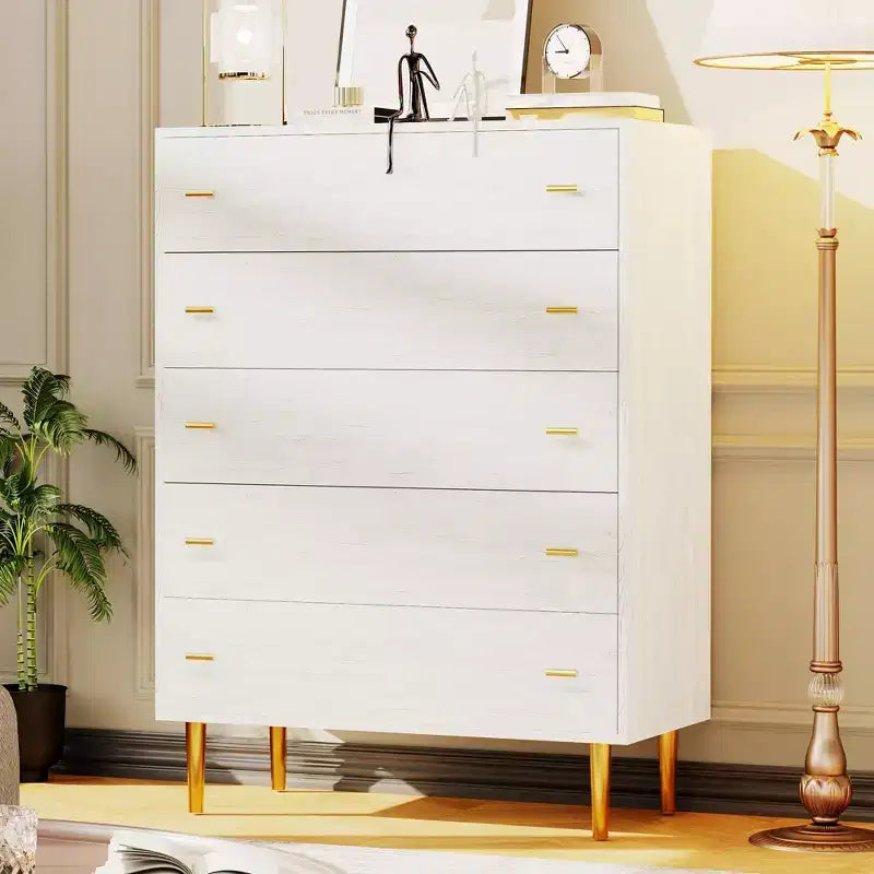 Commode 5 tiroirs pour chambre à coucher, 44 po de haut, en bois rustique, avec poignées de barres, organisateur de rangement vintage pour chambre à coucher et salon