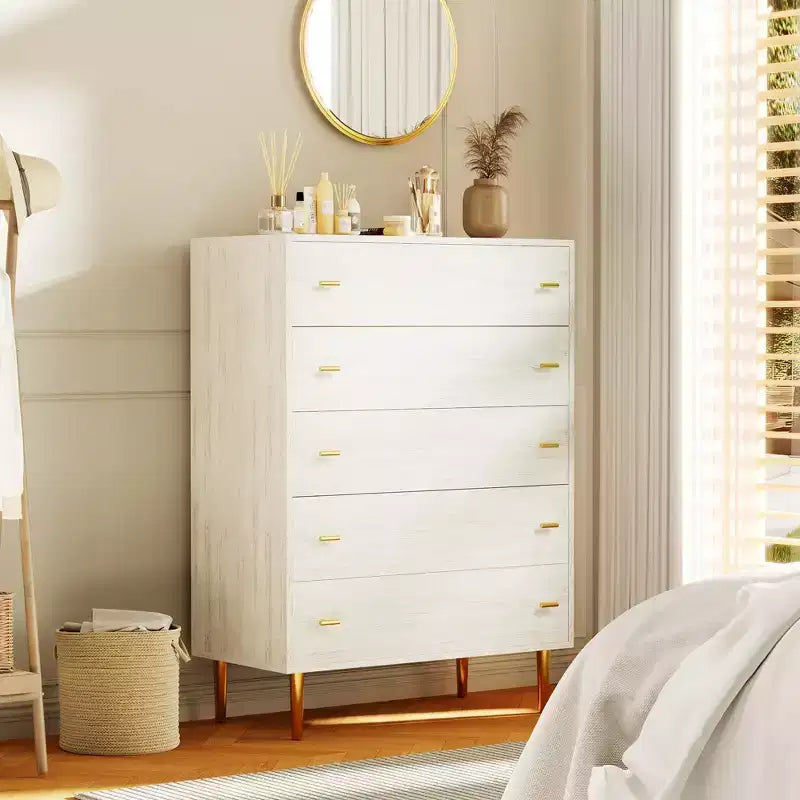 Commode 5 tiroirs pour chambre à coucher, 44 po de haut, en bois rustique, avec poignées de barres, organisateur de rangement vintage pour chambre à coucher et salon