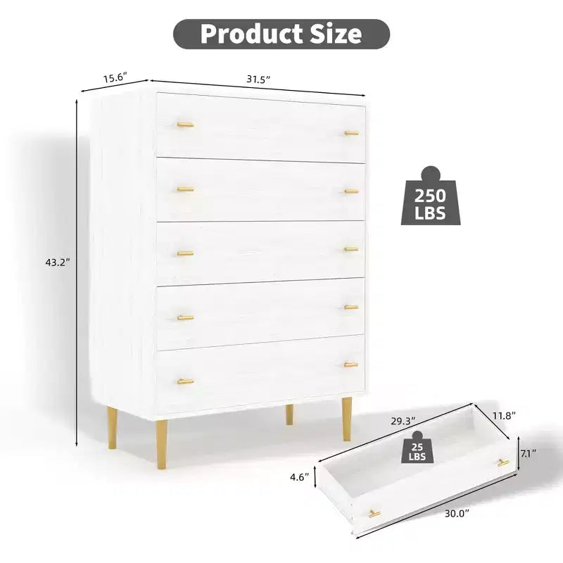 Commode 5 tiroirs pour chambre à coucher, 44 po de haut, en bois rustique, avec poignées de barres, organisateur de rangement vintage pour chambre à coucher et salon