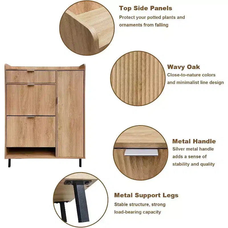 Meuble à chaussures cannelé avec 2 tiroirs basculants, Organiseur à chaussures moderne en bois étroit, Étagère à chaussures haute et fine pour entrée, Chêne