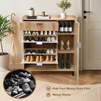 Meuble à chaussures cannelé avec 2 tiroirs basculants, Organiseur à chaussures moderne en bois étroit, Étagère à chaussures haute et fine pour entrée, Chêne