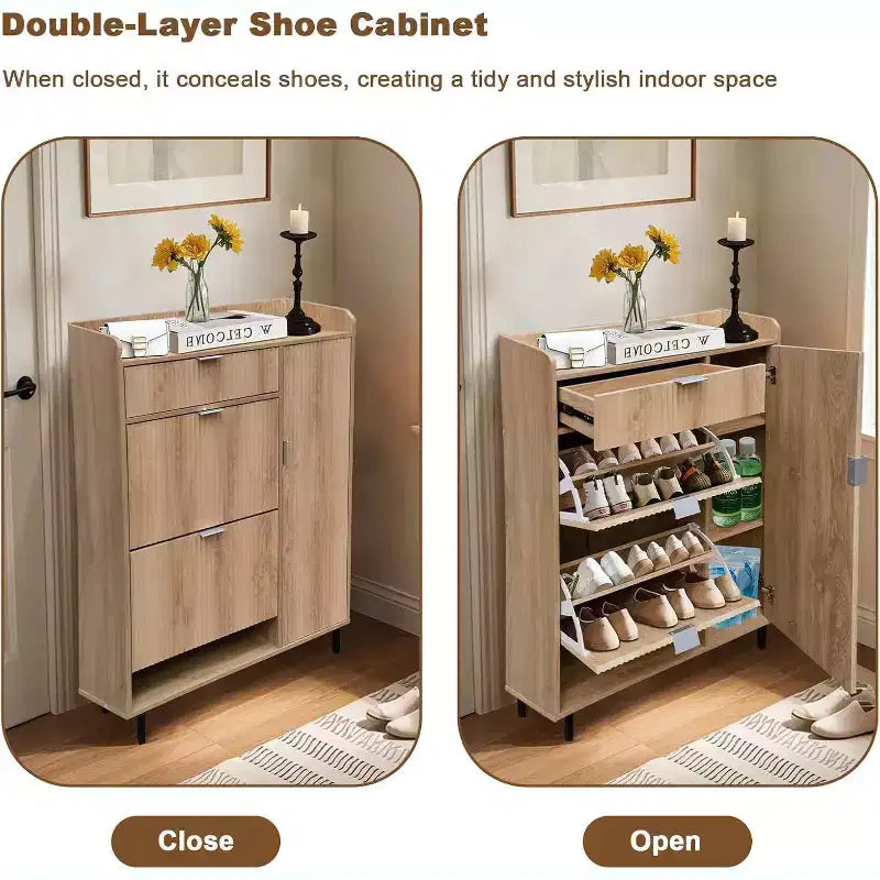 Meuble à chaussures cannelé avec 2 tiroirs basculants, Organiseur à chaussures moderne en bois étroit, Étagère à chaussures haute et fine pour entrée, Chêne