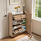 Meuble à chaussures cannelé avec 2 tiroirs basculants, Organiseur à chaussures moderne en bois étroit, Étagère à chaussures haute et fine pour entrée, Chêne