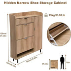 Meuble à chaussures cannelé avec 2 tiroirs basculants, Organiseur à chaussures moderne en bois étroit, Étagère à chaussures haute et fine pour entrée, Chêne