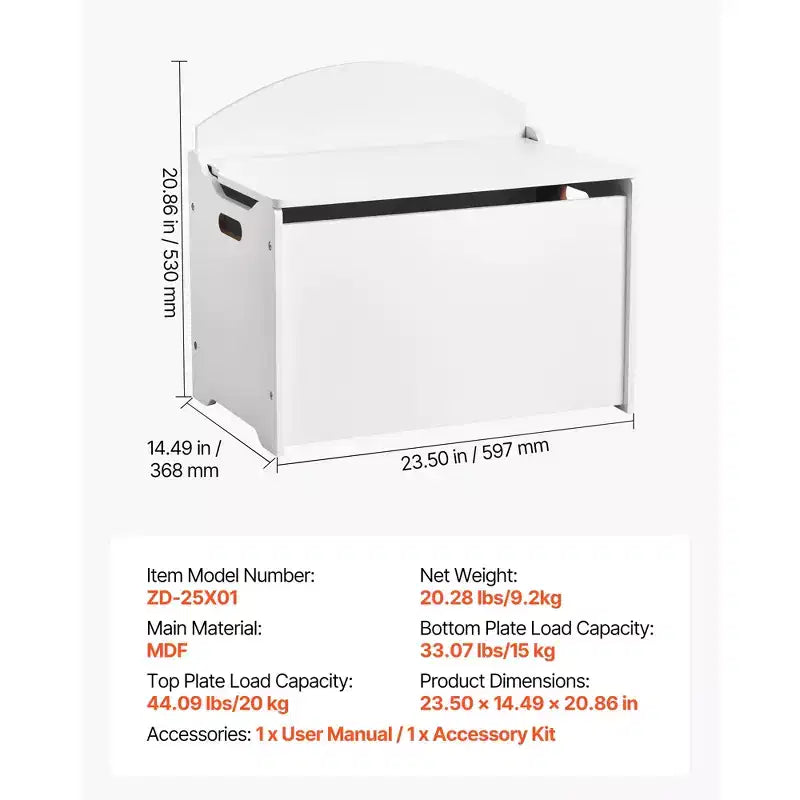 Banc de rangement pour enfants VEVOR, Coffre à jouets en bois avec dossier, Grand meuble de rangement avec charnière de sécurité, Banc de rangement pour tout-petits pour salle de jeux, Blanc