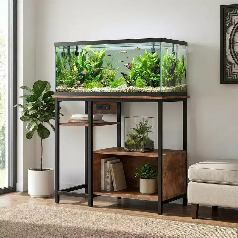 Support d'aquarium robuste de 150 à 190 litres avec prises de courant, support d'aquarium en métal et bois avec étagères ouvertes à 4 niveaux, pour terrarium de tortue et de reptile