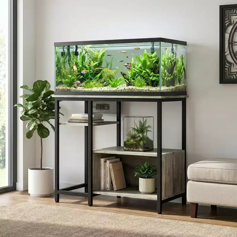 Support d'aquarium robuste de 150 à 190 litres avec prises de courant, support d'aquarium en métal et bois avec étagères ouvertes à 4 niveaux, pour terrarium de tortue et de reptile