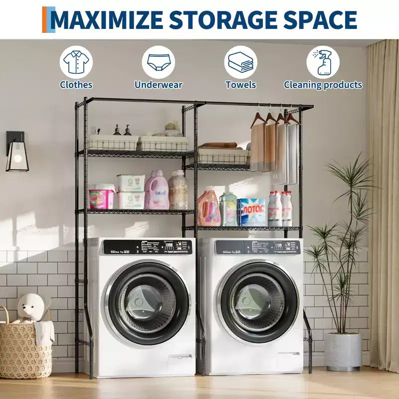 Étagère de buanderie au-dessus du lave-linge/sèche-linge, étagères de rangement en acier au carbone à 6 niveaux 57,8L x 22P x 77,4H avec tringles de suspension