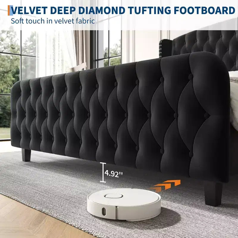 Cadre de lit plateforme avec tête et pied de lit hauts de 130 cm en daim capitonné profond et à oreilles, garniture cloutée, lattes en bois robustes, silencieux, pas besoin de sommier tapissier