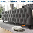 Cadre de lit plateforme avec tête et pied de lit hauts de 130 cm en daim capitonné profond et à oreilles, garniture cloutée, lattes en bois robustes, silencieux, pas besoin de sommier tapissier