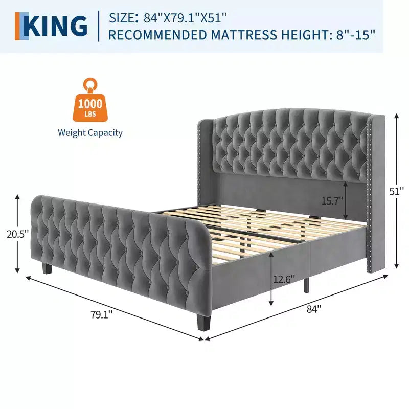 Cadre de lit plateforme avec tête et pied de lit hauts de 130 cm en daim capitonné profond et à oreilles, garniture cloutée, lattes en bois robustes, silencieux, pas besoin de sommier tapissier