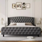 Platform Bed Frame with 51'' Tall Deep Button Tufted Suede Wingback Headboard & Footboard  Nailhead Trim, Sturdy Wood Slats,Noise-Free,No Box Needed