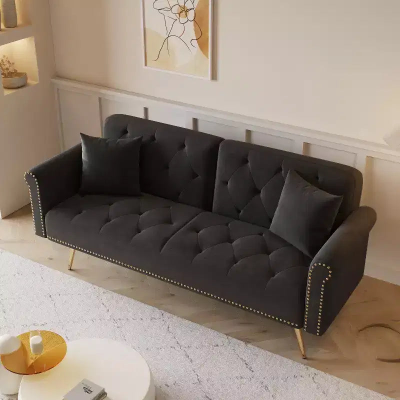 Canapé-lit moderne GDFStudio Ubon 70 en bois et velours, avec clous décoratifs et coussins