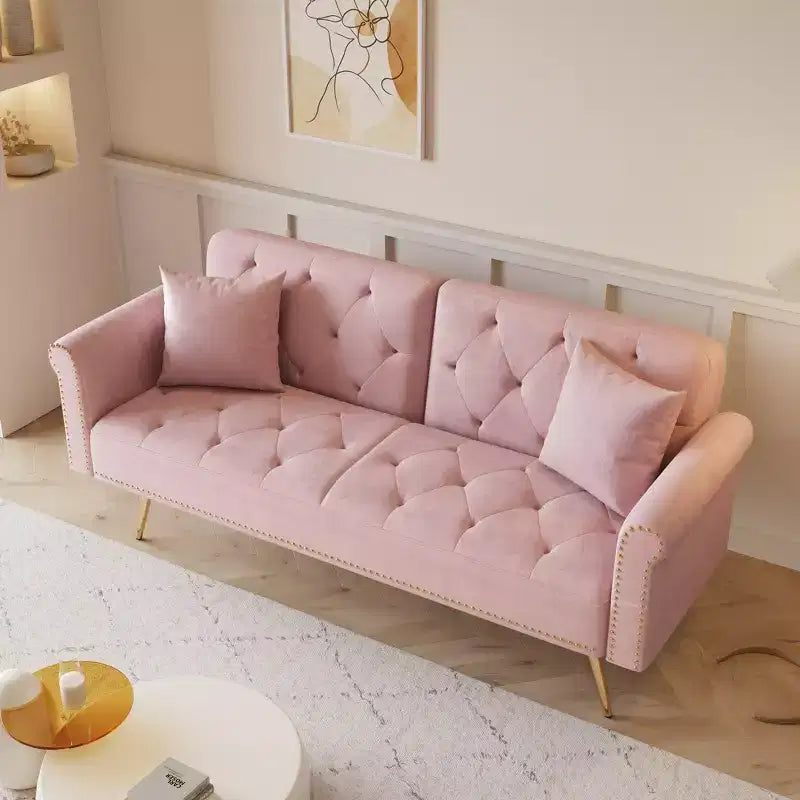 Canapé-lit moderne GDFStudio Ubon 70 en bois et velours, avec clous décoratifs et coussins