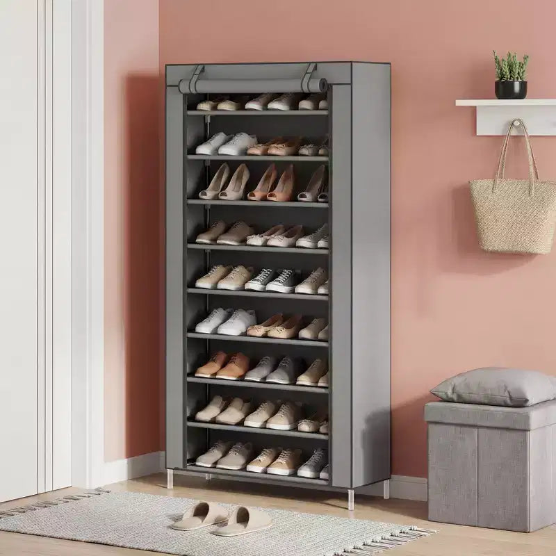 Meuble à chaussures 9 niveaux avec housse anti-poussière, tour de rangement à chaussures autoportante pour placard et entrée, peut contenir 40 à 50 paires, gris