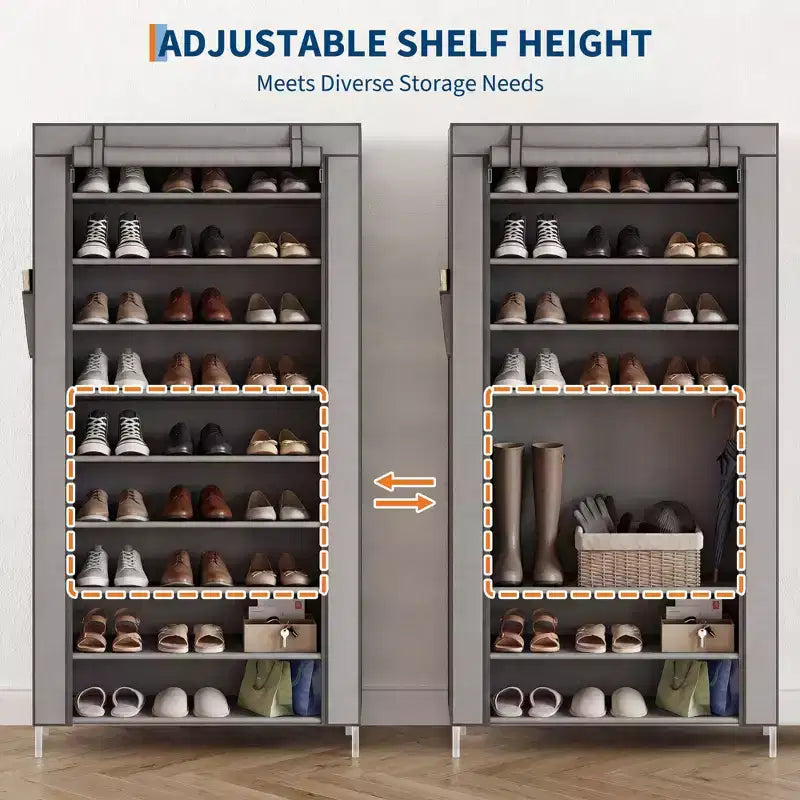 Meuble à chaussures 9 niveaux avec housse anti-poussière, tour de rangement à chaussures autoportante pour placard et entrée, peut contenir 40 à 50 paires, gris