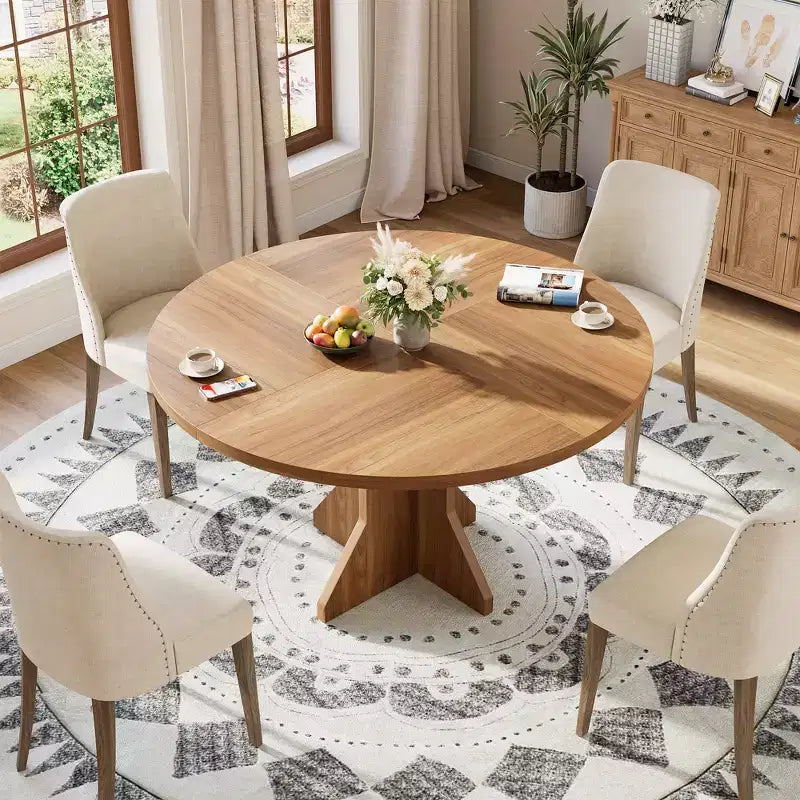 Table à manger ronde moderne de 47 pouces pour 4 à 6 personnes, base de piédestal robuste, design contemporain, peu encombrante pour appartement, salon, cuisine
