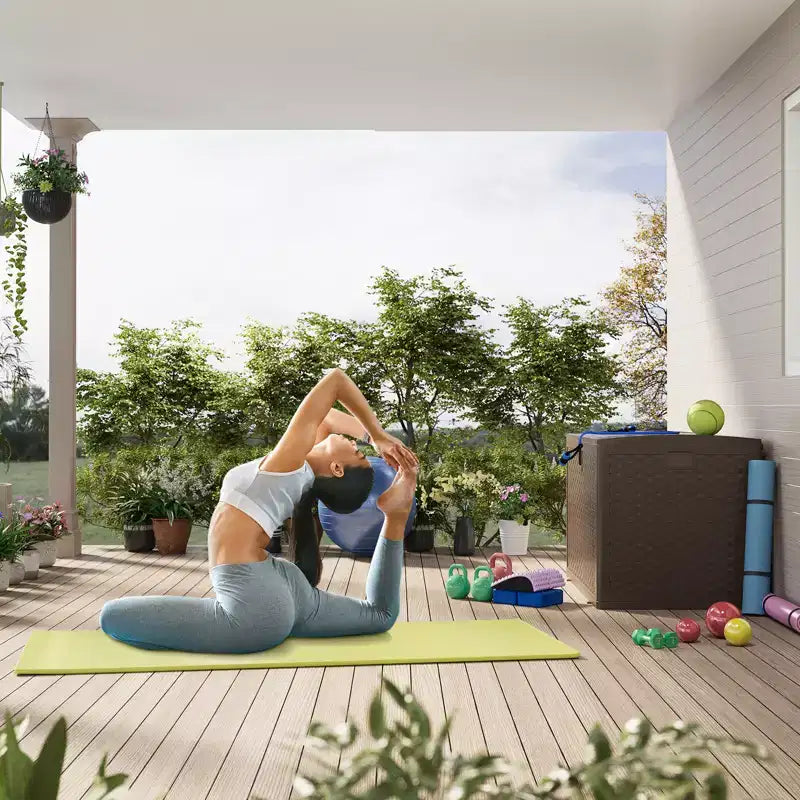 Coffre de rangement extérieur en résine, étanche, verrouillable, 454 L, style rotin, avec poignées latérales, pour meubles de patio, outils de jardin