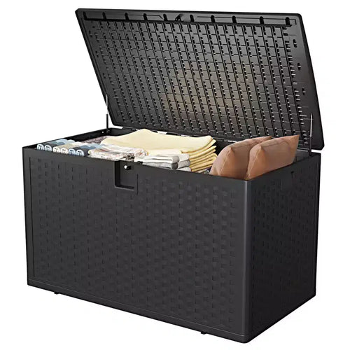 Coffre de rangement extérieur en résine, étanche, verrouillable, 454 L, style rotin, avec poignées latérales, pour meubles de patio, outils de jardin