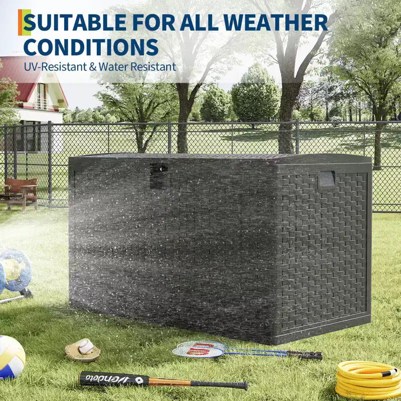 Coffre de rangement extérieur en résine, étanche, verrouillable, 454 L, style rotin, avec poignées latérales, pour meubles de patio, outils de jardin