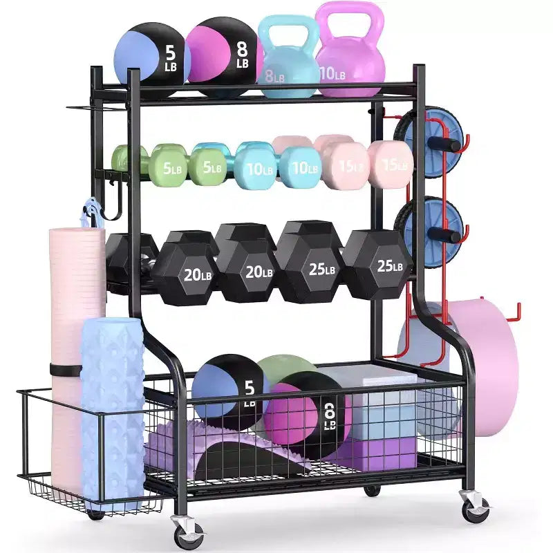 Dumbbell Rack Weight Storage for Dumbbells, Kettlebells, Yoga Mat & Balls, with Wheels & Hooks, Powder-Coated Steel