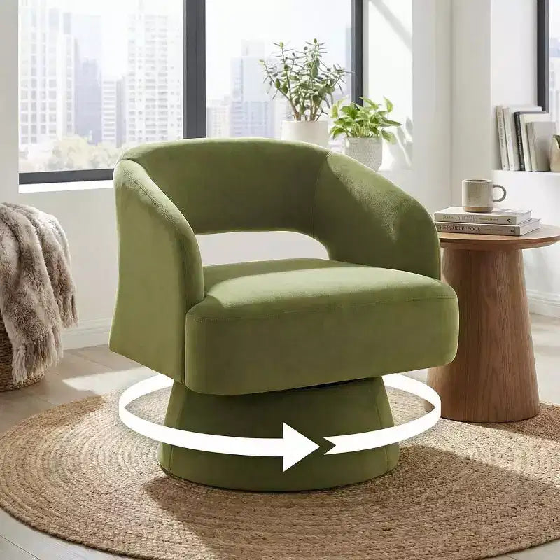 Fauteuil d'appoint pivotant en velours DobleePy avec dossier ouvert et base conique, fauteuil rembourré pivotant à 360° pour salon, chaise longue
