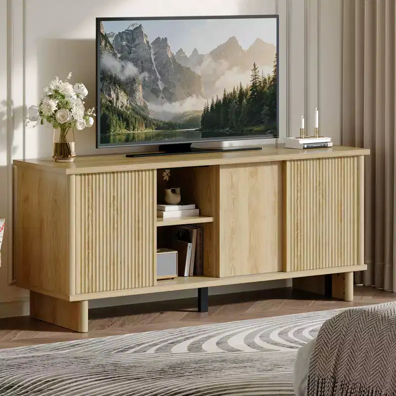 Meuble TV Bestier 58" pour téléviseurs 45/55/60/65", meuble TV de style Mid-Century avec portes coulissantes, console multimédia TV avec rangement pour salon et chambre