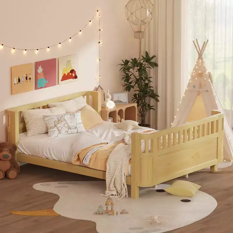 Cadre de lit plateforme Queen Size Whisen en bois, lit Queen Size bas en bois avec rails et barrières de sécurité pour filles et garçons