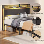 Cadre de lit plateforme pleine grandeur 2 tiroirs de rangement Tête de lit Lumières LED Station de charge Métal Bois robuste Pas besoin de sommier Chambre d'amis USB