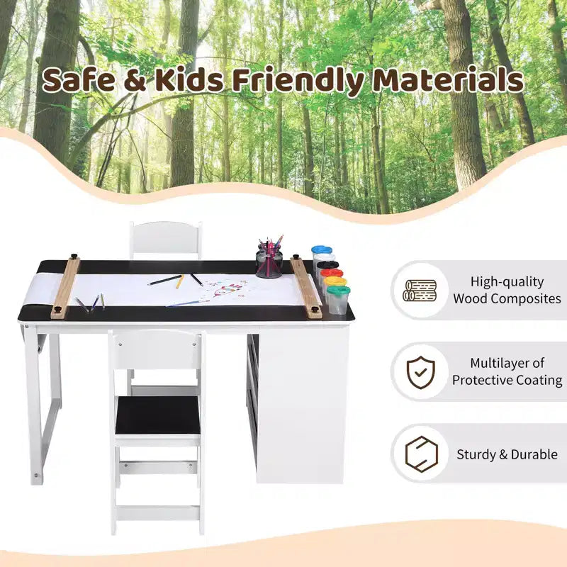 Table d'art pour enfants et 2 chaises, bureau de rangement en bois pour tout-petits avec bacs de rangement, bureau de dessin, table d'activité et d'étude pour enfants, activités, artisanat