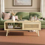 39.4 Table basse bohème en rotin, table de salon moderne en bois avec porte coulissante et étagère de rangement ouverte, patins antidérapants