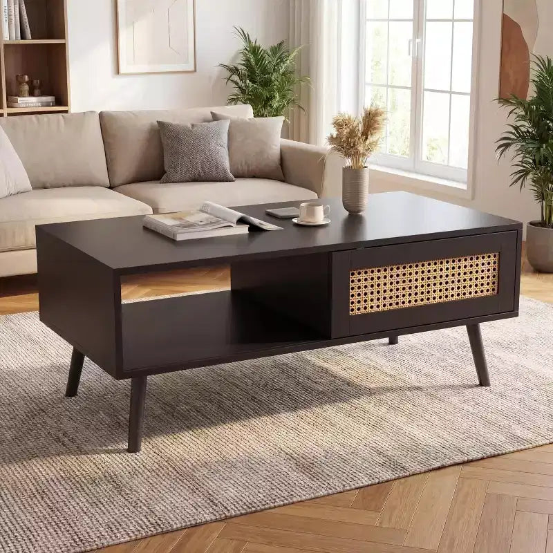 39.4 Boho Rattan Coffee Table, Modern Wooden Living Room Table with Sliding Door & Open Storage Shelf, Anti-Slip Footpads