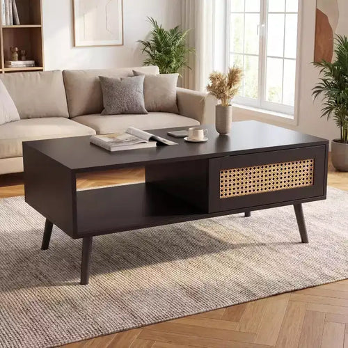 39.4 Boho Rattan Coffee Table, Modern Wooden Living Room Table with Sliding Door & Open Storage Shelf, Anti-Slip Footpads