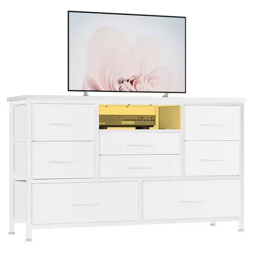 8-Drawer Dresser TV Stand with Power Outlets & RGB LED Lighting, White Leather, Wood Top, Fits 55 TV, Deep Fabric Drawers, for Bedroom/Living Room
