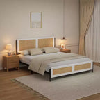 Lit plateforme queen size bohème en rotin, tête et pied de lit en rotin naturel, lattes métalliques, rangement sous le lit, silencieux, pas besoin de sommier tapissier