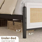 Lit plateforme queen size bohème en rotin, tête et pied de lit en rotin naturel, lattes métalliques, rangement sous le lit, silencieux, pas besoin de sommier tapissier