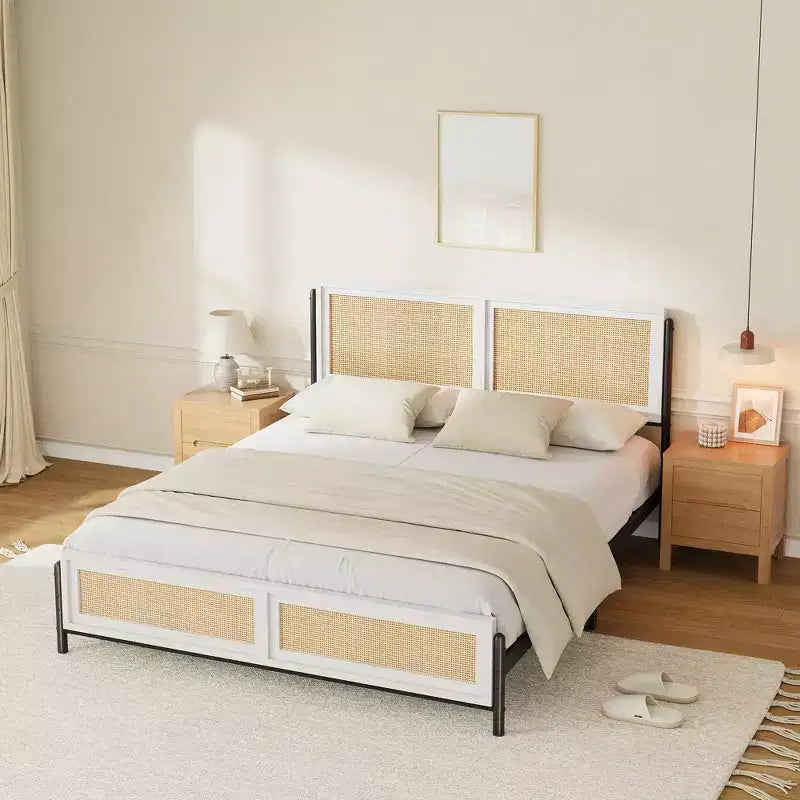 Lit plateforme queen size bohème en rotin, tête et pied de lit en rotin naturel, lattes métalliques, rangement sous le lit, silencieux, pas besoin de sommier tapissier