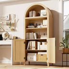 Étagère ouverte à 5 niveaux avec décor en rotin, armoire de rangement de style ferme, armoire de rangement de cuisine arquée, pour la maison, le bureau, le salon