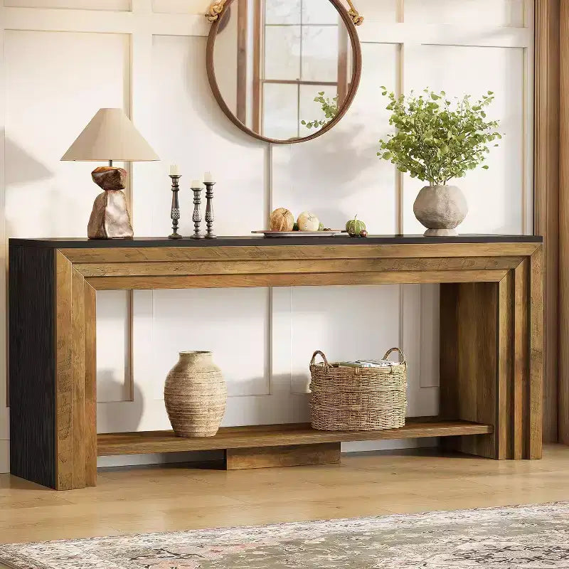 Table console longue Lantine de 180 cm, table de canapé rustique à 2 niveaux derrière le canapé pour salon, entrée, couloir, hall d'entrée