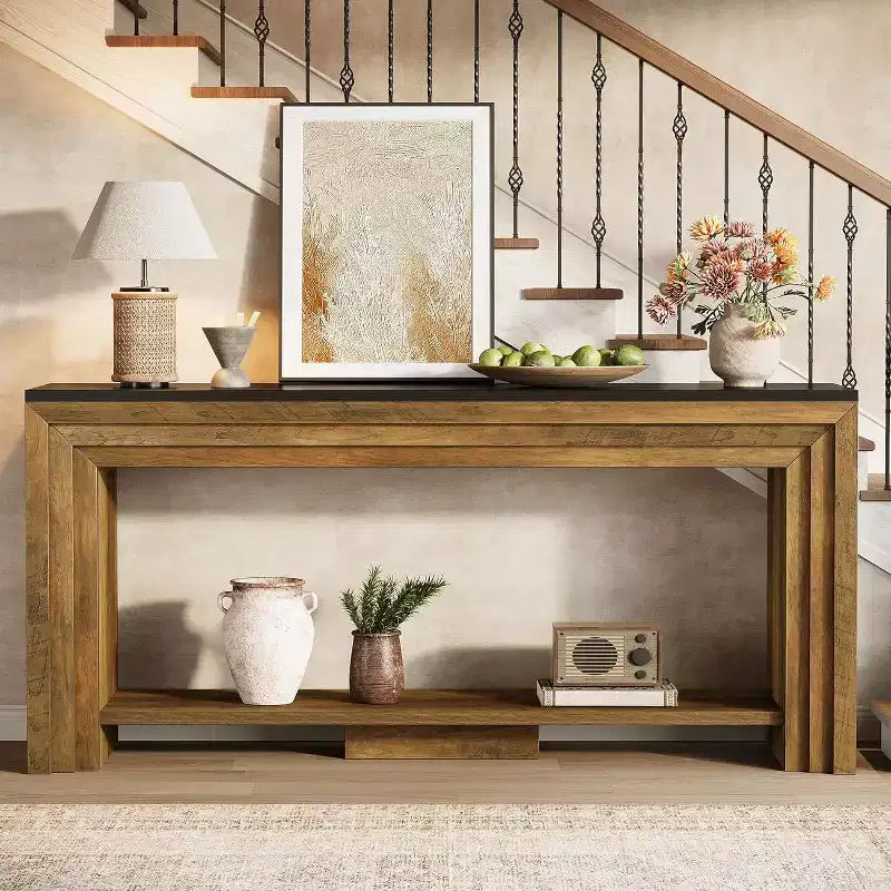 Table console longue Lantine de 180 cm, table de canapé rustique à 2 niveaux derrière le canapé pour salon, entrée, couloir, hall d'entrée