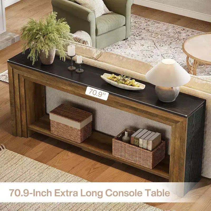 Table console longue Lantine de 180 cm, table de canapé rustique à 2 niveaux derrière le canapé pour salon, entrée, couloir, hall d'entrée
