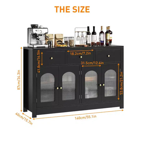 55 Meuble Buffet, Bar à café moderne avec portes cannelées en acrylique cintrées, 3 tiroirs et étagères réglables pour salle à manger et salon, Noir