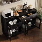 55 Meuble Buffet, Bar à café moderne avec portes cannelées en acrylique cintrées, 3 tiroirs et étagères réglables pour salle à manger et salon, Noir