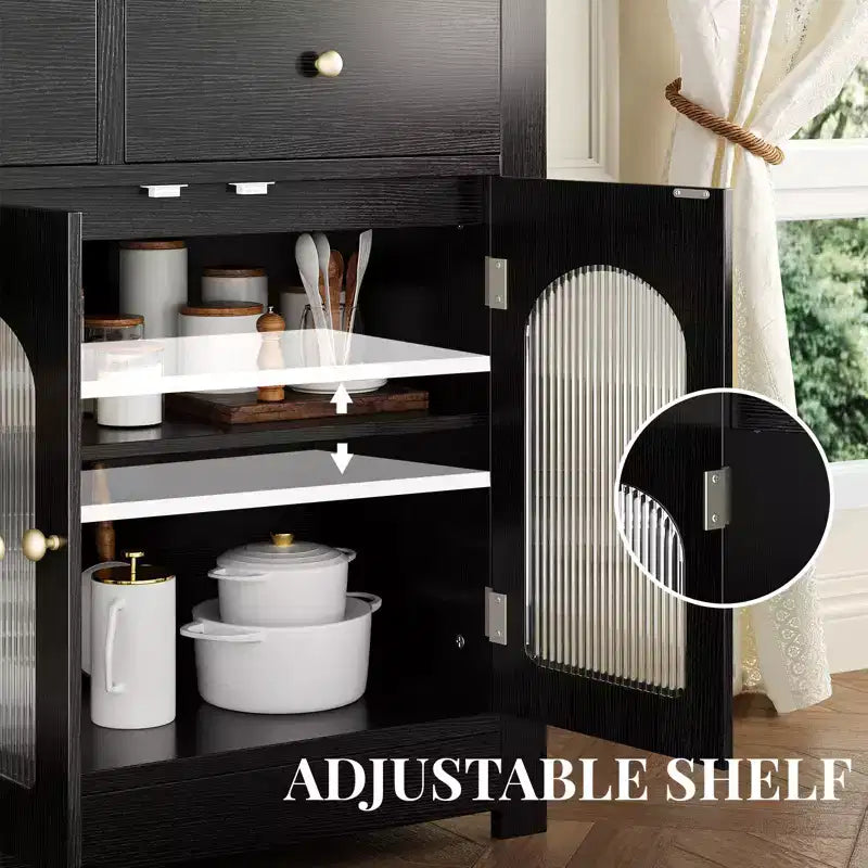 55 Meuble Buffet, Bar à café moderne avec portes cannelées en acrylique cintrées, 3 tiroirs et étagères réglables pour salle à manger et salon, Noir