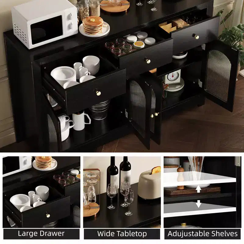 55 Meuble Buffet, Bar à café moderne avec portes cannelées en acrylique cintrées, 3 tiroirs et étagères réglables pour salle à manger et salon, Noir